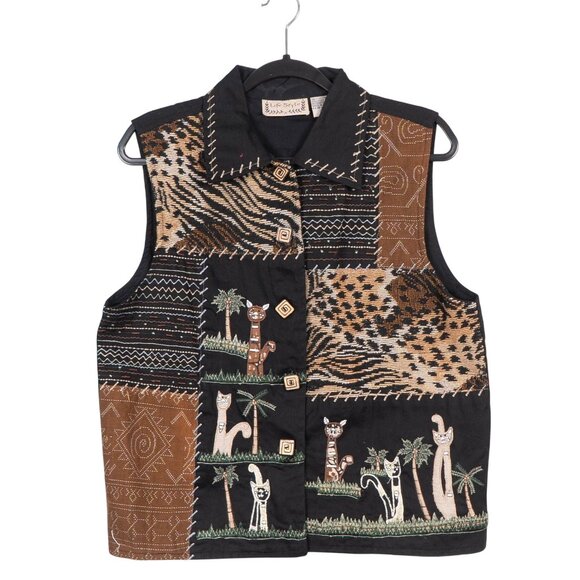 Life Style Jackets & Blazers - Life Style VTG Vest L Womens Black Cats Leopard Zebra Print Safari Embroidery